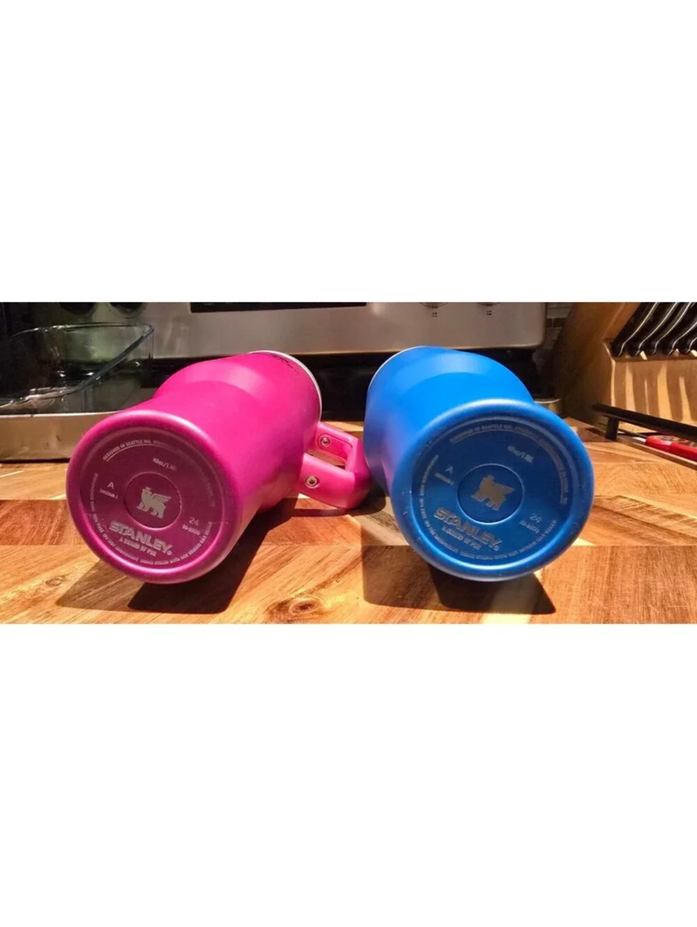 Stanley Pink and Blue Insulated Travel Mugs with Handles and Straws - Set of 2